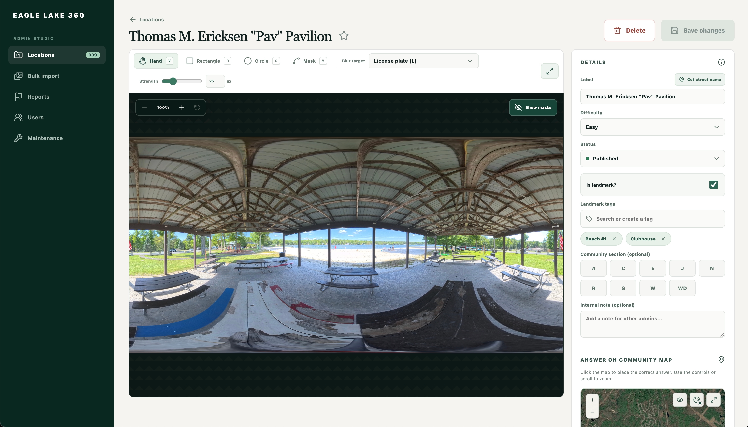 Eagle Lake 360 custom panorama administration and privacy-blur editor