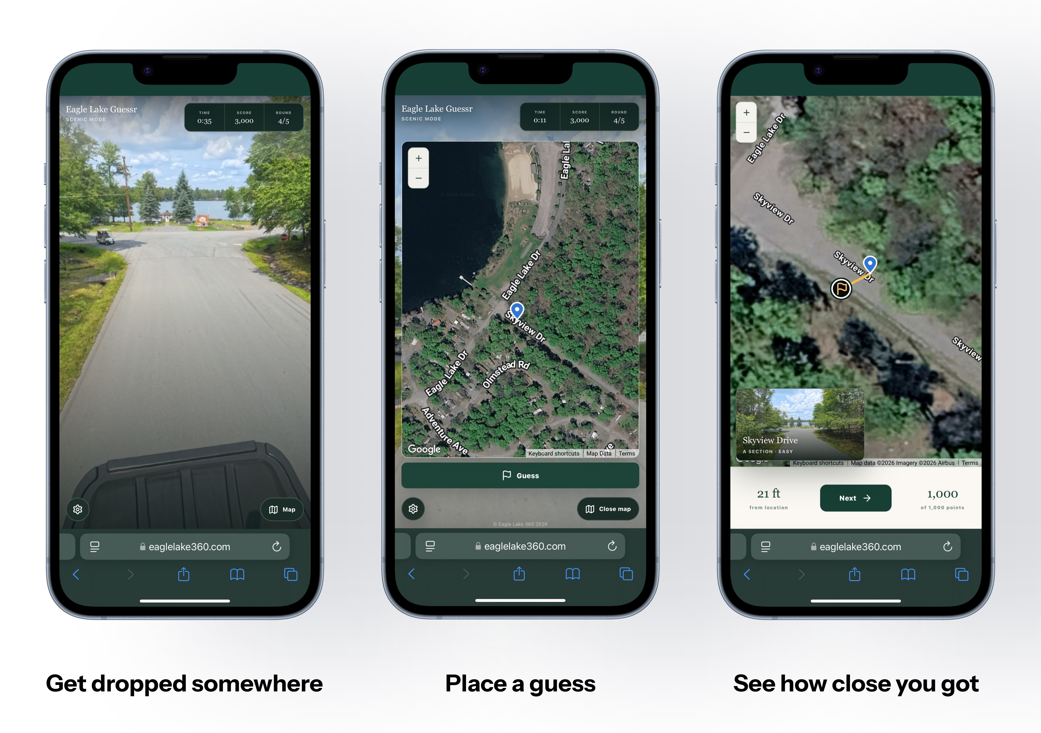 Eagle Lake Guessr mobile gameplay, guess map, and answer screen